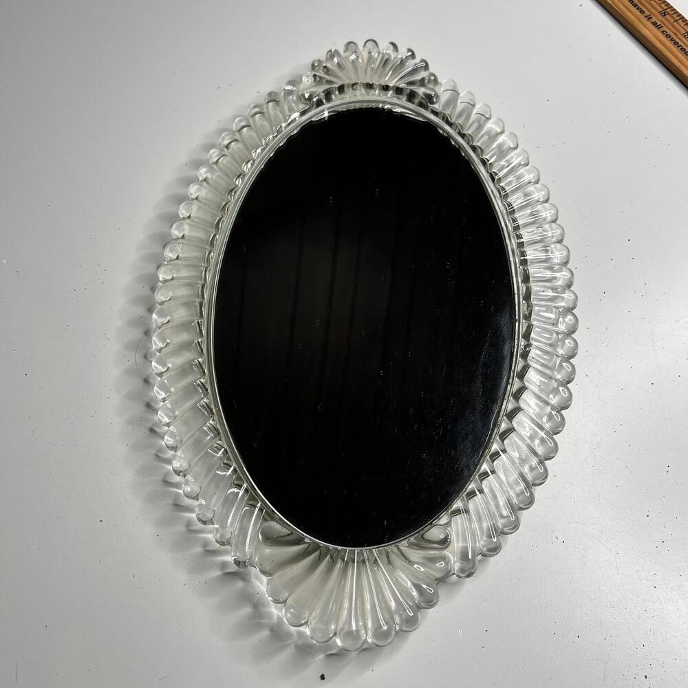 Vintage Oval Glass Vanity Mirror Tray Clear Scalloped Edge Made In USA Decor
